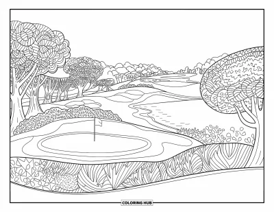 Coloriage de golf pour adultes : Parcours de golf avec des fairways sinueux, des arbres à motifs et un drapeau au loin près de l'eau