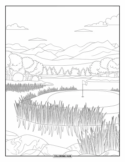 Coloriage de golf pour adultes : Parcours de golf au bord d'un lac avec des roseaux, des rochers et un drapeau solitaire dans un paysage apaisé