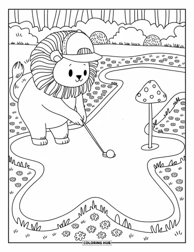 Coloriage de golf pour adultes : Un lion golfeur vise sur un parcours de mini-golf en étoile avec un drapeau-champignon et des arbres doux