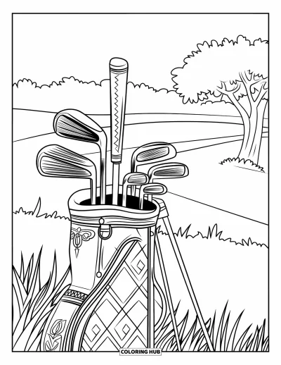 Coloriage de golf pour adultes : Un ensemble de clubs ornés et un sac reposent sur l'herbe près d'un chemin bordé d'arbres