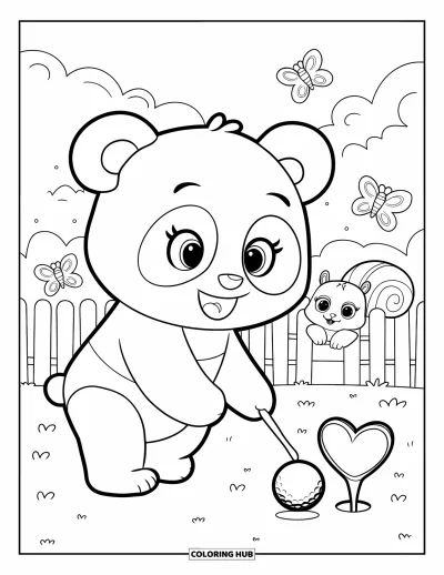 Coloriage de golf pour adultes : Un panda pousse doucement une balle vers une coupe en forme de cœur avec des papillons qui virevoltent