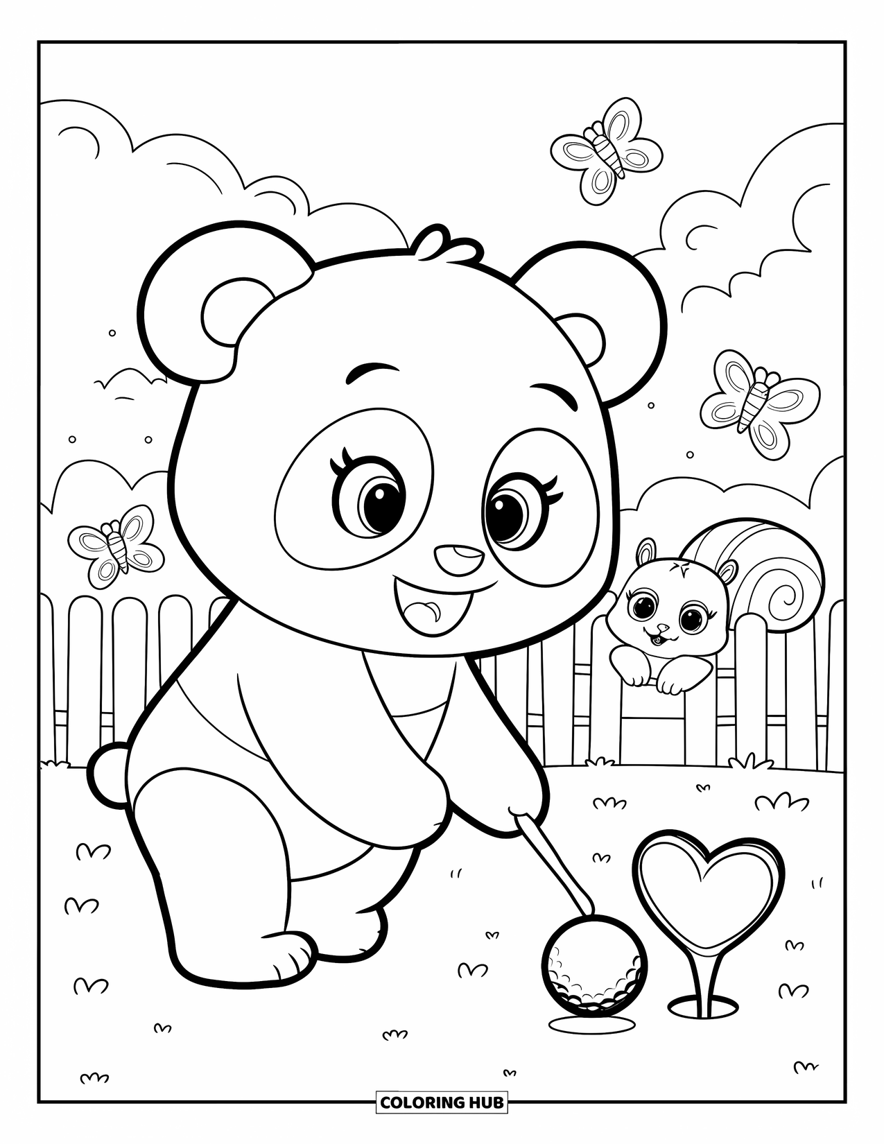 Golf Coloring Page for Adults: Panda gently nudges a ball toward a heart cup with butterflies dancing around