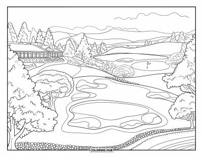Coloriage de golf pour adultes : Panorama d'un parcours de golf avec des collines vallonnées, des arbres détaillés et un drapeau près d'un étang