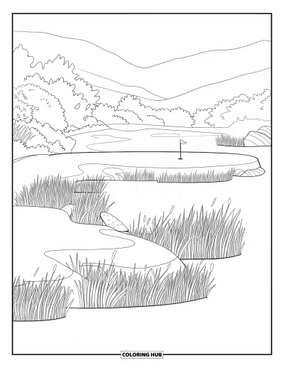 Coloriage de golf pour adultes : Green paisible au bord d'un lac avec des rochers, des roseaux et des montagnes en arrière-plan