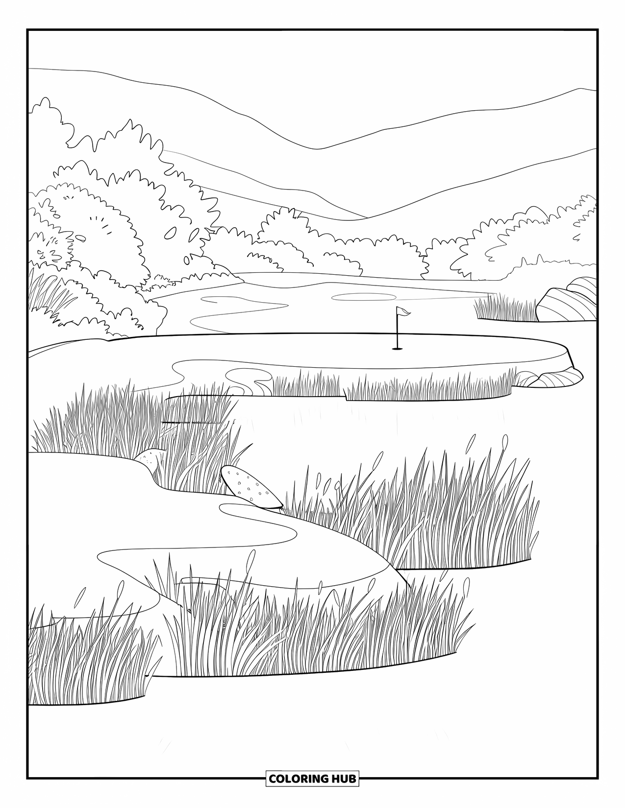 Golf Coloring Page for Adults: Peaceful golf green by a lake with rocks, reeds, and mountains in the background