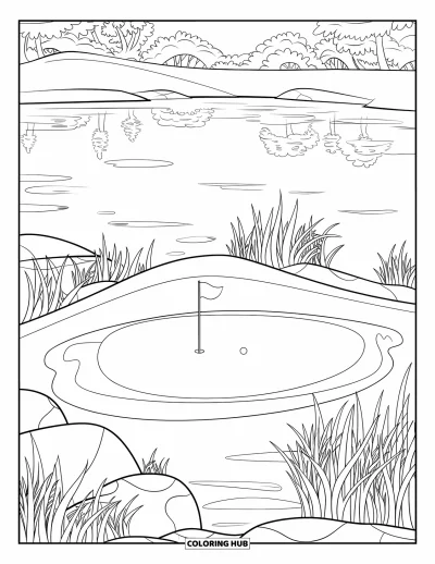 Coloriage de golf pour adultes : Parcours au bord d'un lac avec un drapeau, des rochers et de douces reflets dans l'eau