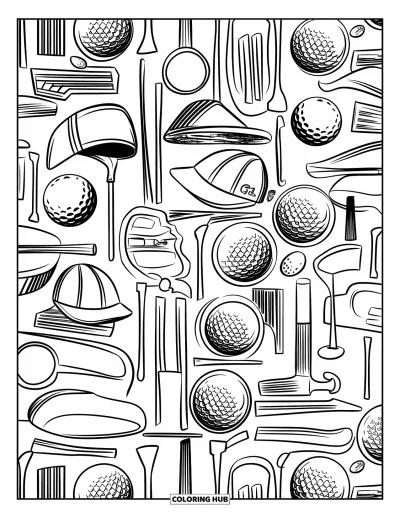 Coloriage de golf pour adultes : Motif dense d'accessoires de golf aux éléments artistiques et relaxants