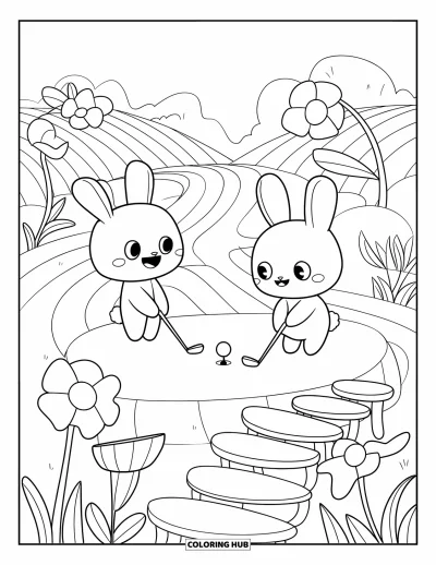 Coloriage de golf pour adultes : Deux lapins jouent au golf sur une colline avec des chemins en spirale, de grandes fleurs et un pont de pierre