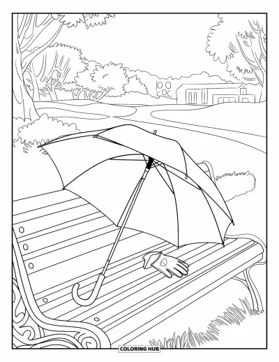 Coloriage de golf pour adultes : Un parapluie couvre un banc tandis que des gants sont posés à proximité dans un cadre extérieur serein