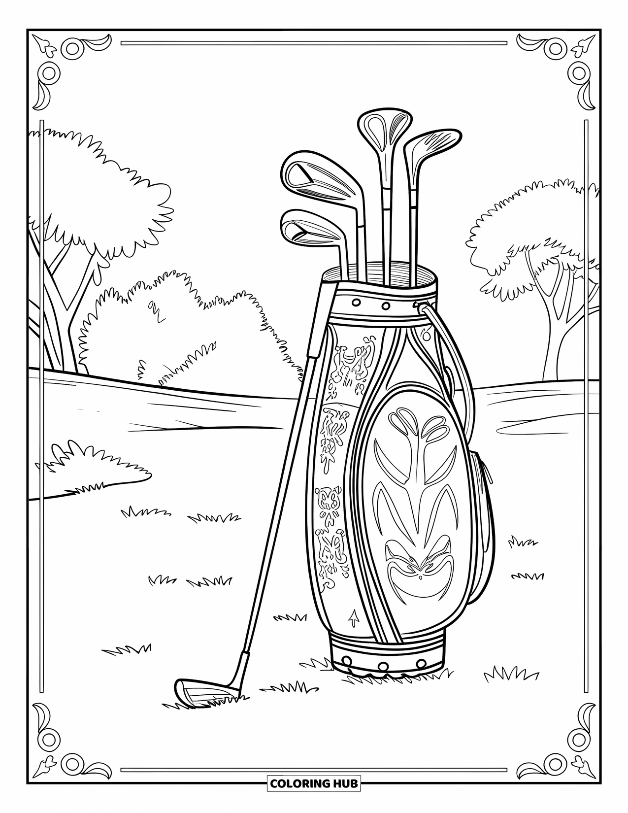 Golf Coloring Page for Adults: Vintage golf clubs with ornate heads beside a patterned bag in a grassy field