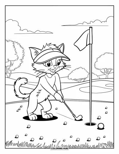 Coloriage de golf pour enfants : Un chat en visière vise un trou sur un parcours herbeux sous un ciel lumineux