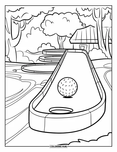 Coloriage de golf pour enfants : Une balle s'envole depuis une rampe courbée sur un parcours de mini-golf avec des arbres en fond