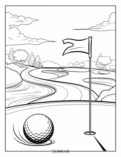 Coloriage de golf pour enfants : Une balle traverse un parcours sinueux avec des drapeaux, des bunkers et un ciel venté