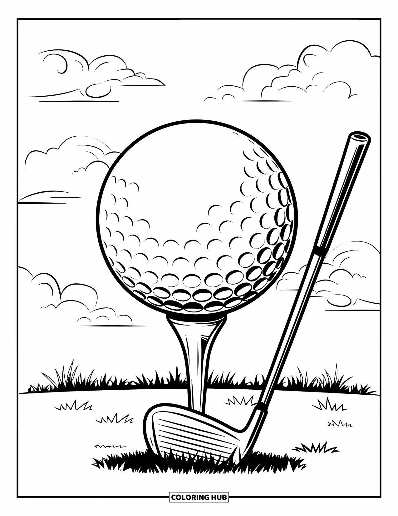 Golf Coloring Page for Kids: Big golf ball on a tee with clouds above and a club nearby on grass