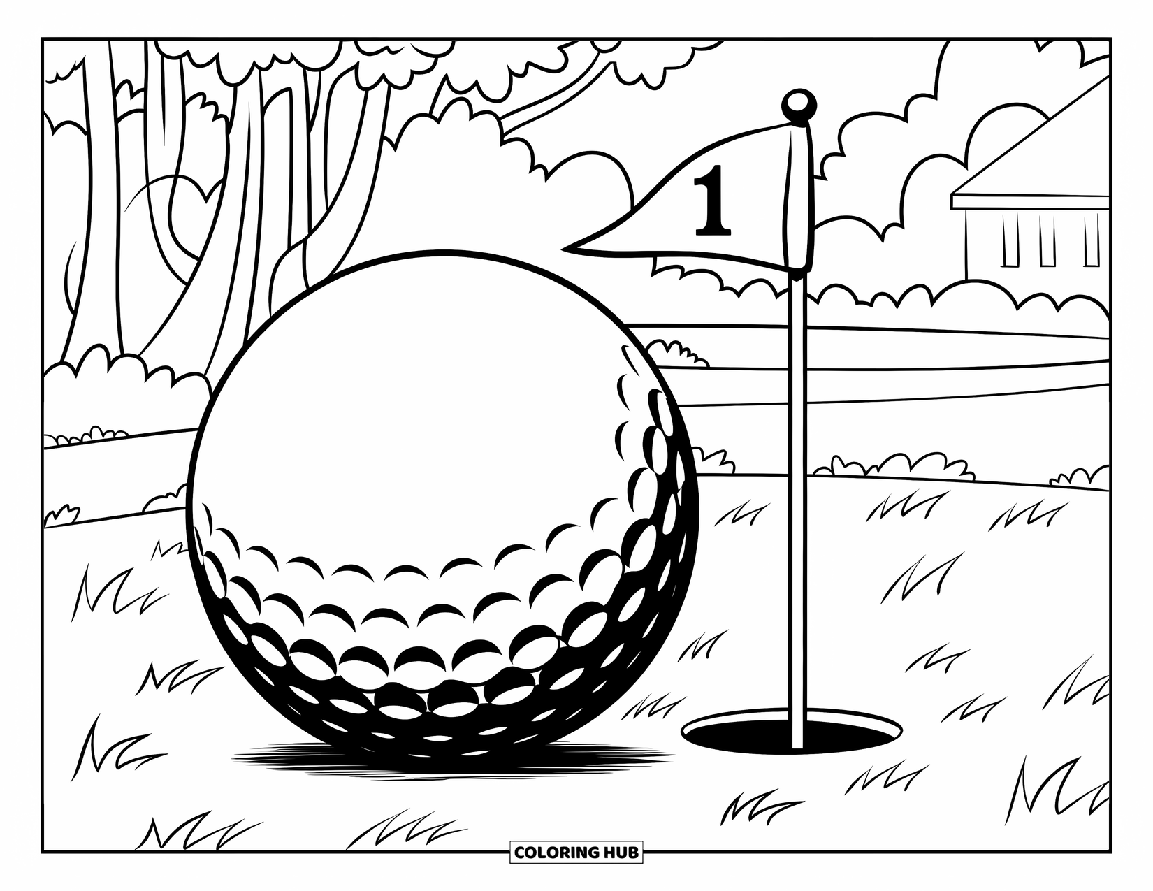 Golf Coloring Page for Kids: Big golf ball rolls on grass toward a flagged hole near trees and a building