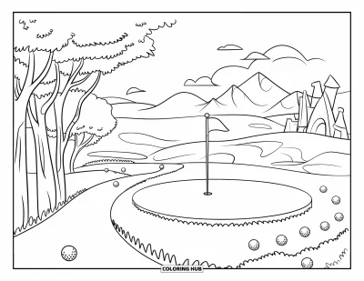 Coloriage de golf pour enfants : Un chemin de golf accidenté mène à un trou près d'un château et des montagnes