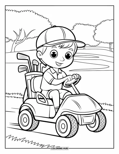 Coloriage de golf pour enfants : Un enfant golfeur dans une voiturette avec des clubs sur un parcours verdoyant bordé d'arbres