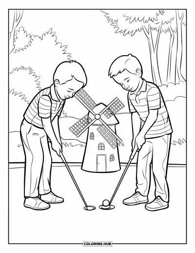 Coloriage de golf pour enfants : Des enfants jouent au mini-golf près d'un moulin à trois ailes entouré d'arbres