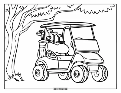 Coloriage de golf pour enfants : Voiturette bien ronde sous un arbre chargée de clubs, idéale pour les jeunes enfants