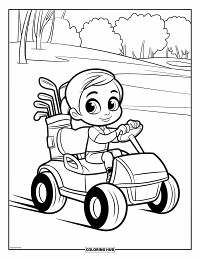 Coloriage de golf pour enfants : Un adorable golfeur conduit une petite voiturette avec des clubs sur un parcours verdoyant