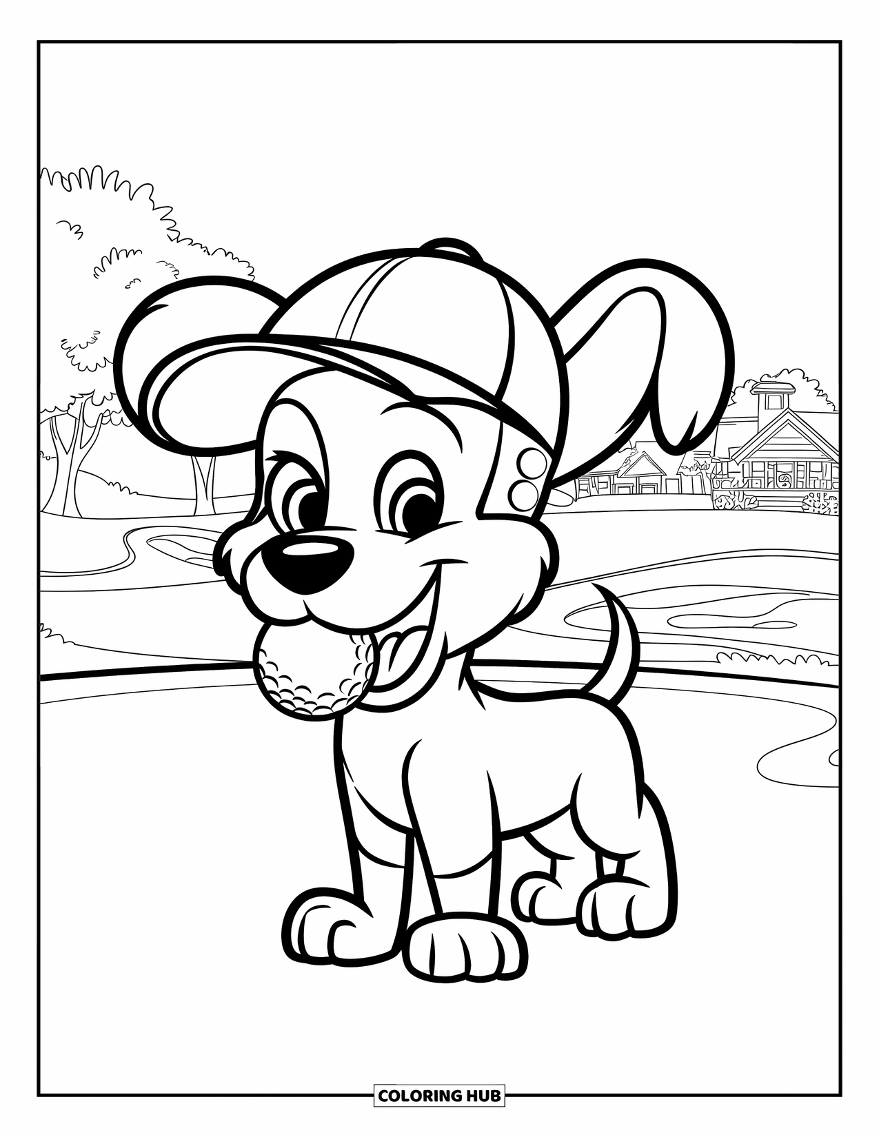 Golf Coloring Page for Kids: Dog on a golf green holds a ball in its mouth near trees and a clubhouse
