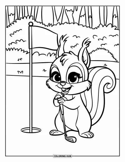 Coloriage de golf pour enfants : Un écureuil sympathique tient un club de golf près d'un trou avec drapeau dans les bois