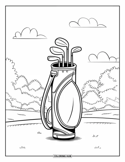 Coloriage de golf pour enfants : Un sac de golf avec des clubs repose sur l'herbe avec des arbres et des nuages