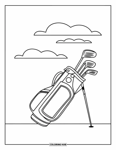 Coloriage de golf pour enfants : Un sac de golf avec trois clubs se dresse dans l'herbe sous un ciel nuageux