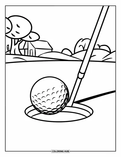 Coloriage de golf pour enfants : Une balle de golf sur le point de tomber dans le trou, vue en contre-plongée avec des arbres derrière