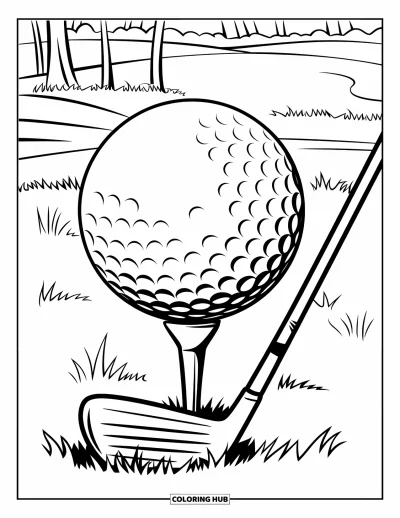 Coloriage de golf pour enfants : Balle de golf sur un tee avec un club à proximité et des arbres en arrière-plan