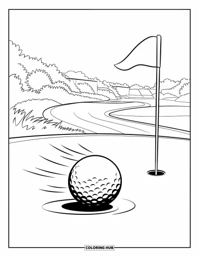 Coloriage de golf pour enfants : Une balle de golf roule avec des lignes de mouvement le long d'un parcours courbe vers le drapeau