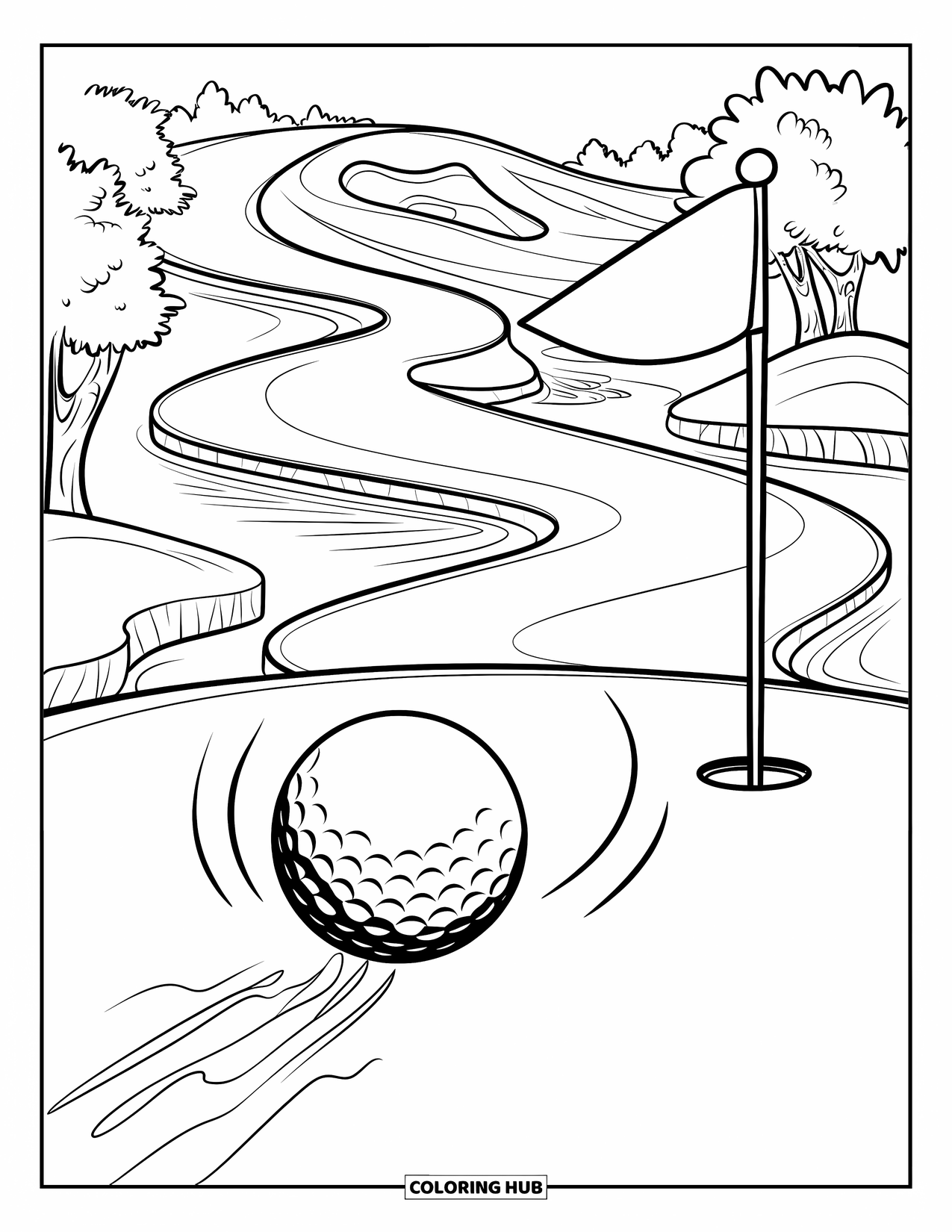 Golf Coloring Page for Kids: Golf ball soars through a twisty course toward a flag with smoke trailing behind