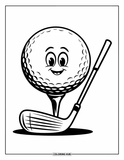 Coloriage de golf pour enfants : Une balle de golf avec un visage est posée sur un tee à côté d'un club