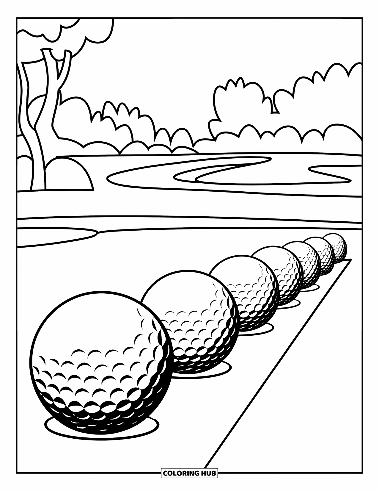 Golf Coloring Page for Kids: Golf balls lined up neatly for practice swings on a field with trees