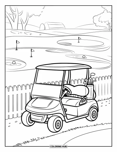 Coloriage de golf pour enfants : Voiturette garée près d'une clôture à piquets avec des équipements et des drapeaux sur le terrain d'entraînement