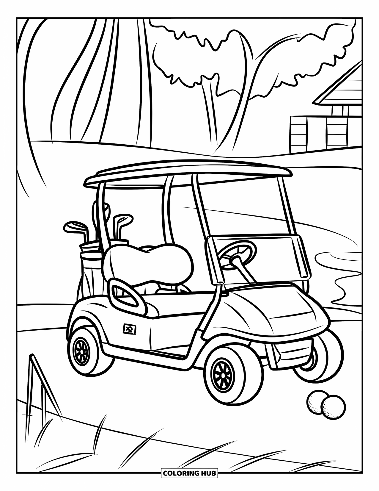 Golf Coloring Page for Kids: Golf cart parked near a practice range with clubs and balls nearby