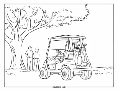 Coloriage de golf pour enfants : Voiturette sous un grand arbre avec deux golfeurs à proximité sur terrain herbeux
