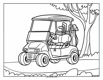 Coloriage de golf pour enfants : Une voiturette aux grandes roues chargée de clubs est garée sous un arbre, simple et joyeuse