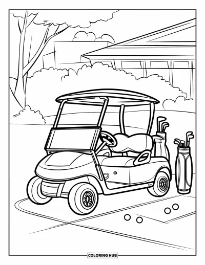 Coloriage de golf pour enfants : Voiturette avec clubs et balles à côté d'arbres et d'un terrain d'entraînement