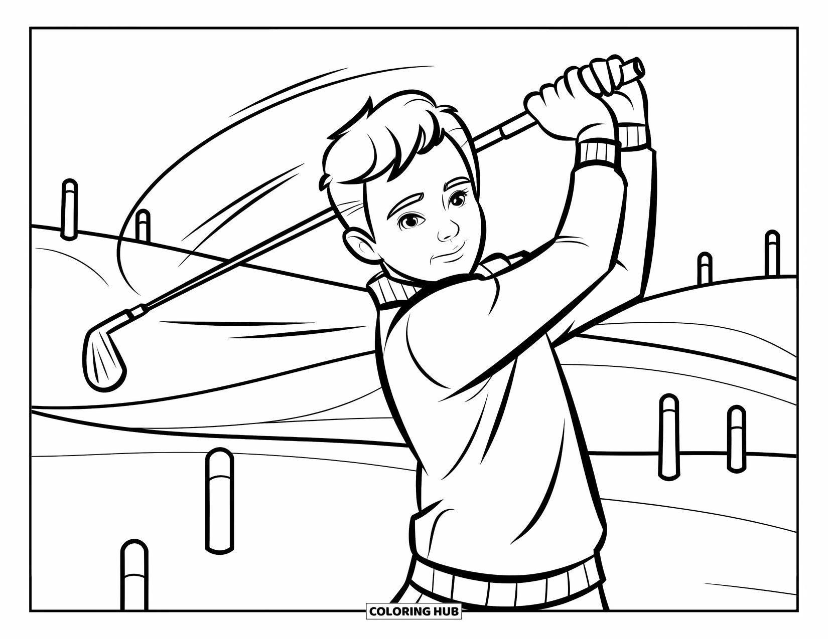 Golf Coloring Page for Kids: Golf swing in action as a teen hits the ball with motion lines showing speed