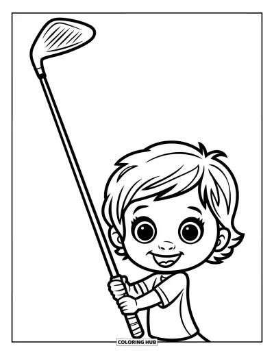 Coloriage de golf pour enfants : Un enfant souriant tient un immense club sur un fond vide