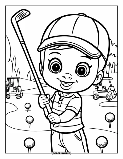 Coloriage de golf pour enfants : Un enfant joyeux avec un grand club se tient sur un parcours avec des voiturettes et des arbres