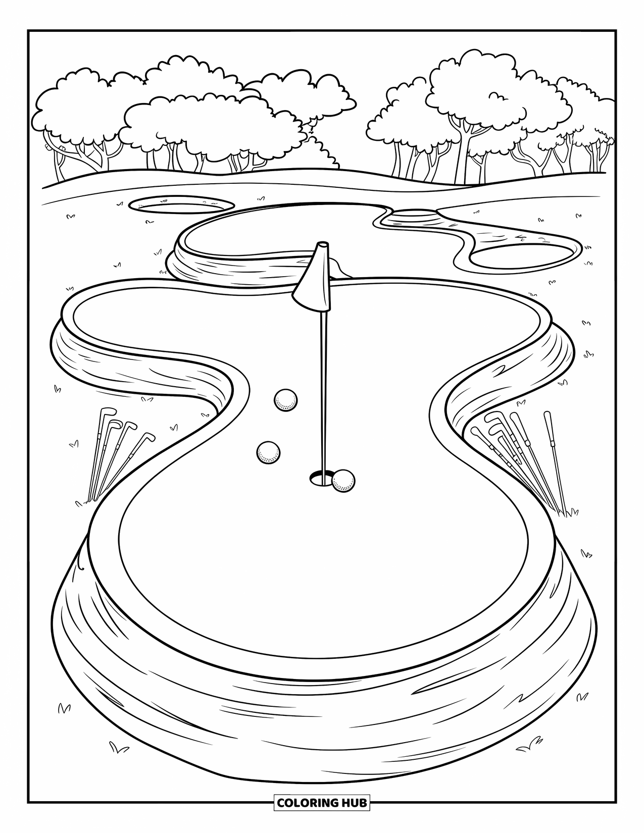 Golf Coloring Page for Kids: High-angle view of a putting green with golf balls and clubs by sandy bunkers