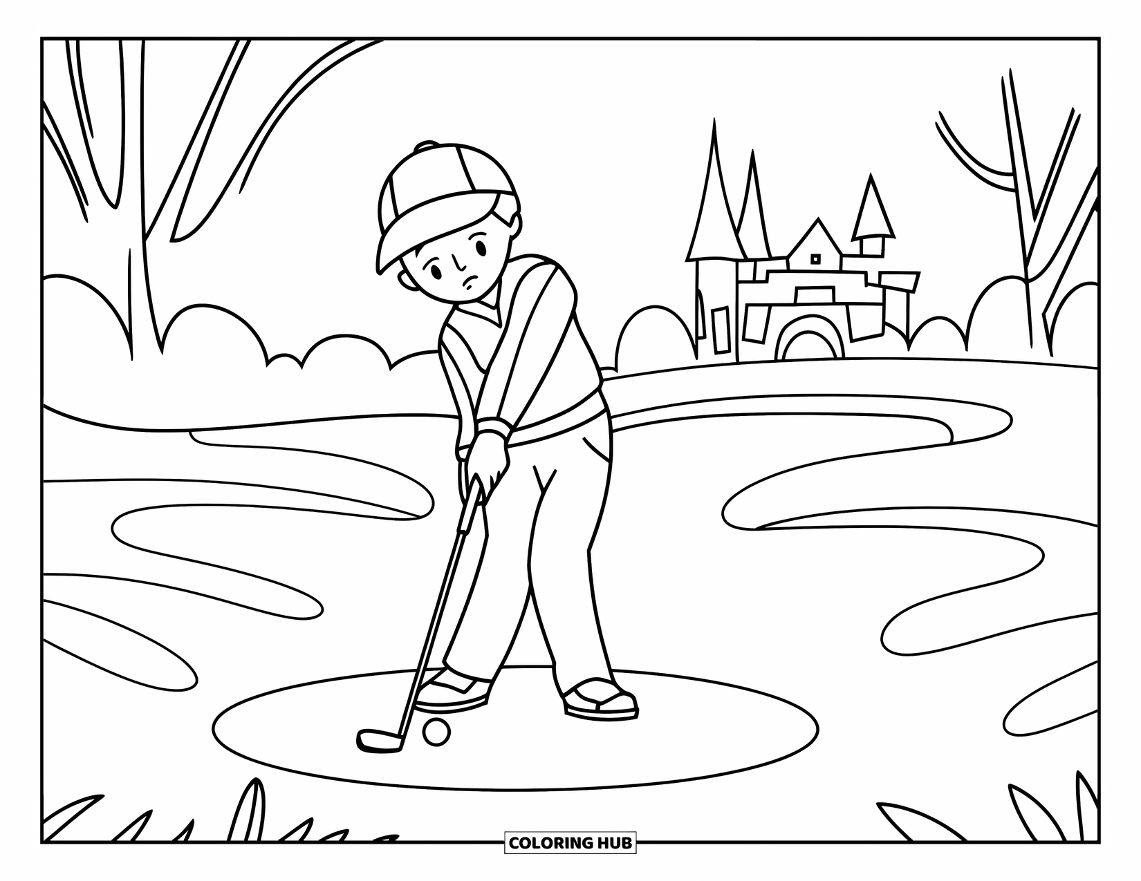 Golf Coloring Page for Kids: Junior golfer aims at a hole surrounded by sand traps and trees