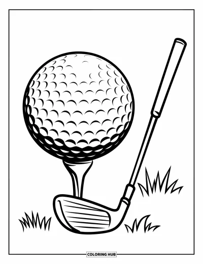 Coloriage de golf pour enfants : Grande balle de golf sur un tee avec un club à côté sur fond blanc