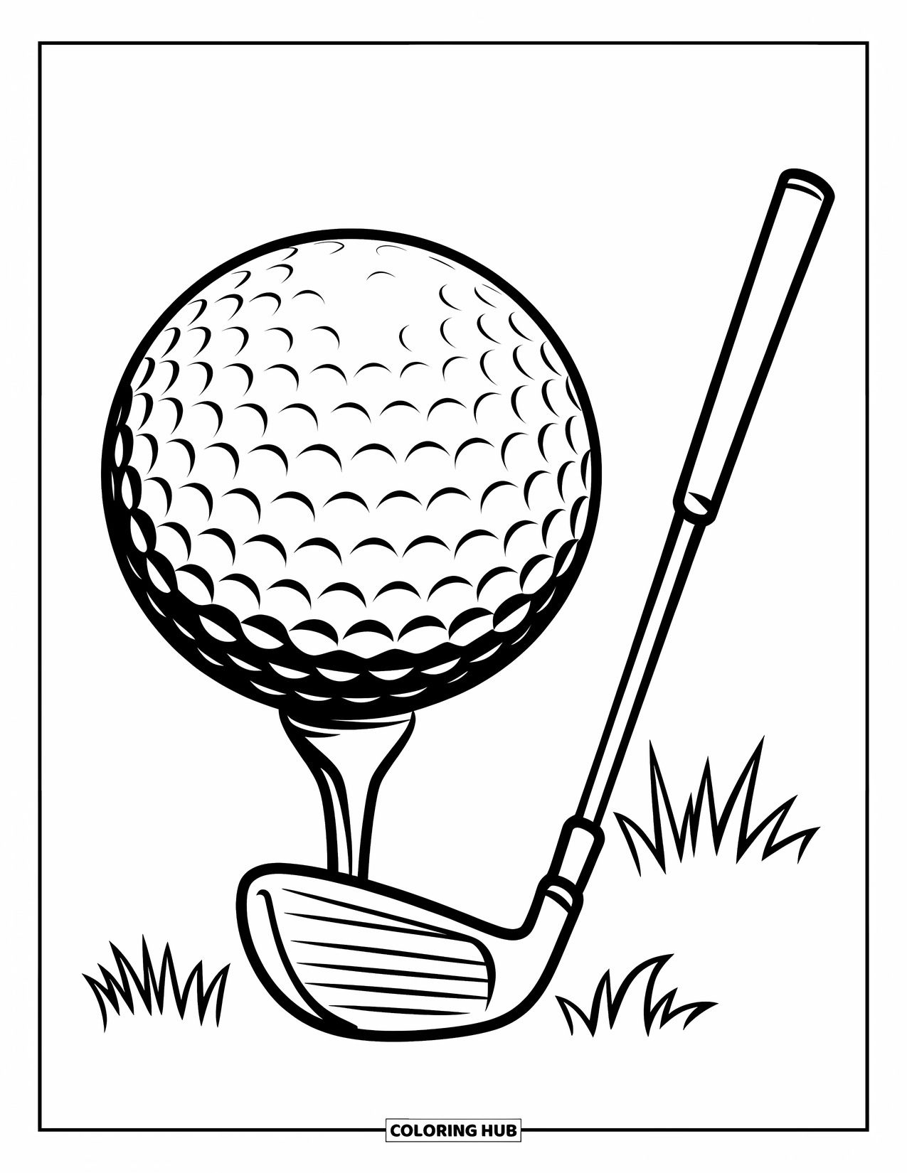 Golf Coloring Page for Kids: Large golf ball sits on a tee with a club beside it on white background