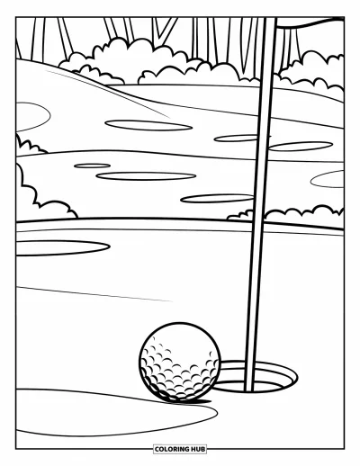 Coloriage de golf pour enfants : Vue en contre-plongée d'une balle de golf qui roule vers un trou marqué d'un drapeau sur un parcours tranquille