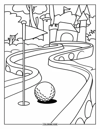Coloriage de golf pour enfants : Une balle de mini-golf s'élance depuis une rampe vers un drapeau, avec des arbres et un château en arrière-plan