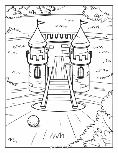 Coloriage de golf pour enfants : Une balle de mini-golf roule vers un obstacle en forme de château avec des tourelles et un pont-levis