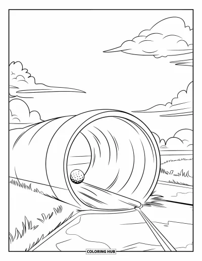 Coloriage de golf pour enfants : Une balle de mini-golf se trouve à l'intérieur d'un tunnel courbé avec des nuages dans le ciel
